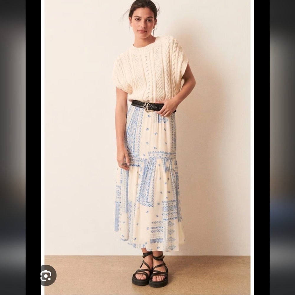 Cream and Blue Bandana Print A-Line Maxi Skirt